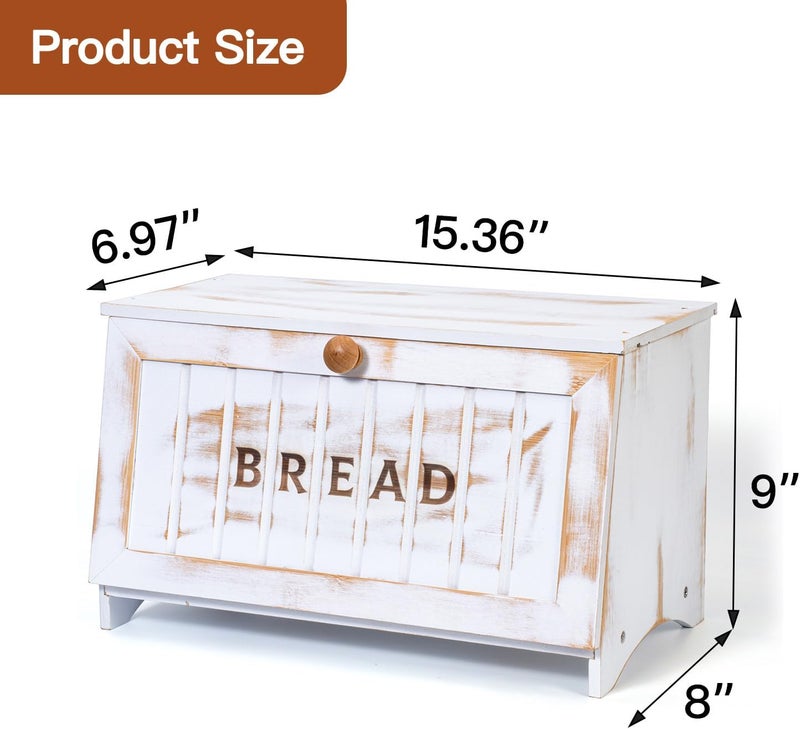 DAOYOUSKY Bamboo Bread Box for Kitchen Countertop, White Vintage Wooden Counter Breadbox, Single Layer Rustic Wood Large Capacity Bread Storage Container Bin - Image 4